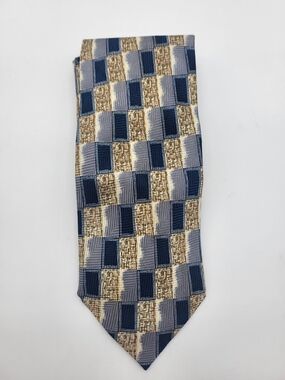 Checkerboard Pattern Silk Tie in Navy, Gray & Gold